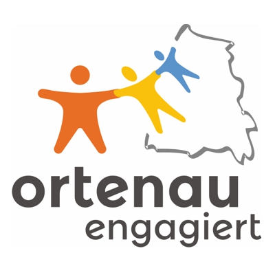 Logo von "Ortenau engagiert". Es zeigt drei bunte Strichmnnchen, die sich an der Hand halten ber den Umrissen des Ortenaukreises.