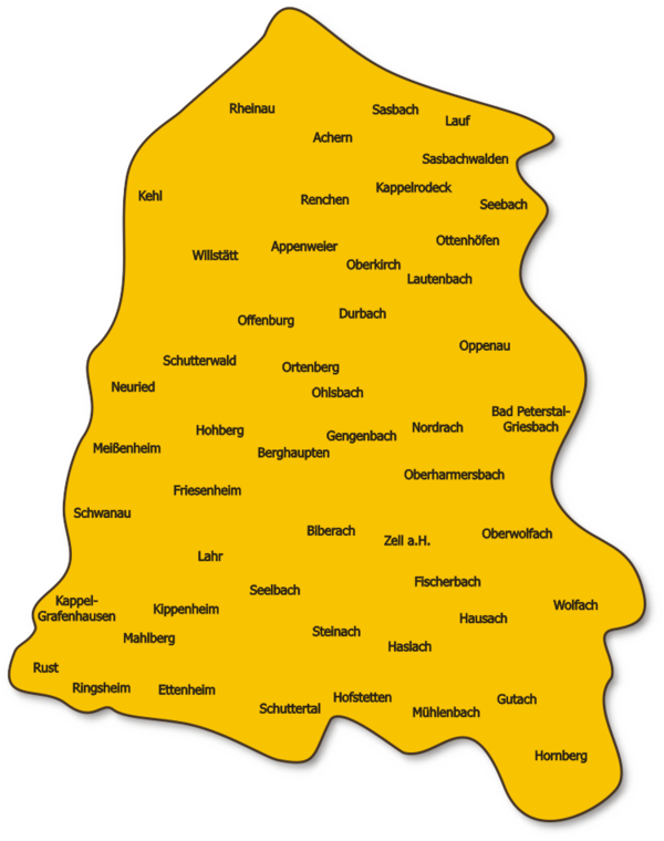 Bild vergrößern: Eine Landkarte, die den Ortenaukreis zeigt. Auf der Karten sind die Kommunen des Ortenaukreises verzeichnet.