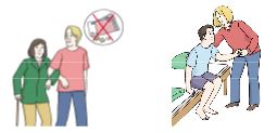 Ein Comicbild. Es zeigt auf der linken Seite eine Frau, die mit Hilfe eines Gehstockes läuft und von einem jüngeren Mann gestüzt wird. Über dem Mann ist eine Gedankenblase in der durchgestrichenes Geld zusehen ist. Auf der rechten Seite hilft eine Frau einem Mann auf die Beine.