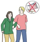 Ein Comicbild. Es zeigt eine Frau, die mit Hilfe eines Gehstockes luft und von einem jngeren Mann gestzt wird. ber dem Mann ist eine Gedankenblase in der durchgestrichenes Geld zusehen ist.