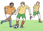 Ein Comicbild. Es zeigt zwei Personen, die Fußballspielen.