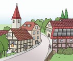 Ein Comicbild. Es zeigt eine Gemeinde. Im Vordergrund sieht man verschiedene Häuser durch die eine Straße führt. Im Hintergrund sieht man einen Kirchturm.