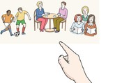 Ein Comicbild. Es zeigt im Hintergrund links einen Fuballspieler, in der Mitte zwei Personen an einem Tisch und rechts drei singende Menschen. Im Vordergrund zeigt ein Zeigefinger auf den Hintergrund.