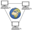 Ein Comicbild. Es zeigt drei Computer, die verbunden sind und in deren Mitte eine Weltkugel.