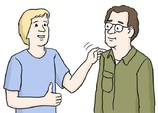 Ein Comicbild. Zwei Personen stehen nebeneinander. Die linke Person klopft der rechten Person auf die Schulter.