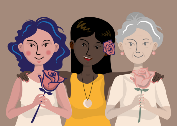Gezeichnete Frauen, verschiedener Hautfarben lächeln mit rosa Rosen in den Händen